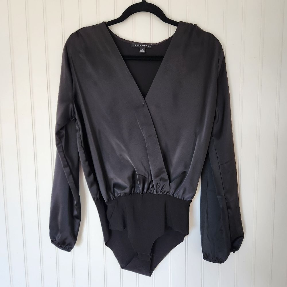 HAUTE MONDE Black Minimalist Satin Faux Wrap Bodysuit Blouse Top Medium